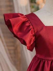 Young Girl Woven Solid Color Jacquard Bowknot Ruffle Hem Snug Fit Dress - Red - View 4