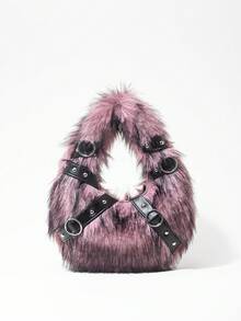 ROMWE Grunge Punk 女士手提包，毛绒，毛绒包，朋克铆钉机车包，女士礼物，金属链，时尚，个性化，百搭，购物，街头，甜美酷女孩，性感女孩，Y2K，日常，秋冬季（随机图案） - 粉色 - 查看 1