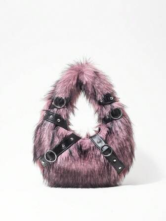 Grunge Punk Ladies,Women Hand Bags,Plush,Plush Bag,Punk Rivet Biker Bags,Gifts For Women,Metal Chain,Fashionable,Personality,Versatile,Shopping,Street,Sweet And Cool Girls,Hot Girls,Y2k,Daily,Autumn And Winter(Random Pattern)