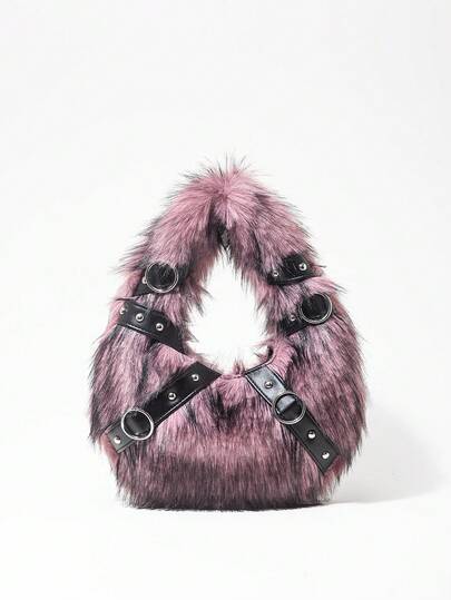 Grunge Punk Damen Handtaschen, Plüsch, Plüschtasche, Punk Nieten Bikertasche, Geschenke für Frauen, Metallkette, modisch, persönlich, vielseitig, Einkaufen, Straße, süße und coole Mädchen, heiße Mädchen, Y2K, Alltag, Herbst und Winter (zufälliges Muster)