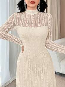 Modelyn Vestido de línea A de manga larga y encaje elegante para mujer - Albaricoque - Ver 3