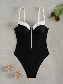 Swim Chiccia 1pc Women's Black & White Splice Front Zipper Adjustable Crisscross Back One-Piece Swimsuit - Black and White - View 3