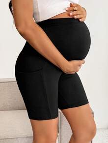 Slowluna Maternity Casual Everyday Commute Solid Color Ribbed Knit Adjustable Waist Shorts, Summer Holiday Outfits , Summer Outfits, Summer Clothes - Black - View 4