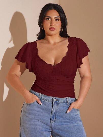 SHEIN BAE Plus Size Women's Spring/Summer Textured Lace Patchwork Blouse, White,Valentine's Day,Valentine Outfits For Women