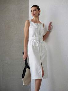 MOTF PREMIUM WOMEN'S LINEN-FEEL FITTED MID-LENGTH DRESS, SPRING/SUMMER - White - View 6