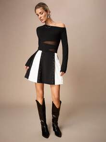 Maija 女士黑色亮片装饰褶皱A字裙，百搭时尚闪亮铆钉装饰褶皱裙，适合派对、约会、办公室、休闲、低调优雅的都市通勤、杂志编辑同款、轻松街头咖啡馆风、海滩等场合，春夏皆宜，情人节连衣裙、派对裙、春季女装、夏季S码、女士夏季裙装、情人节、女士海滩S码、优雅女士衬衫、夏季度假S码、女士休闲衬衫、黑白撞色、美甲、春假 - 黑與白 - 查看 5