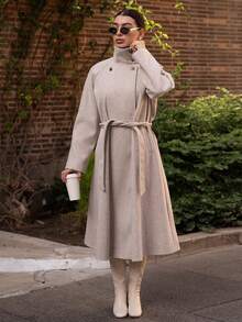 Andrea Bello Autumn And Winter Women's Casual High-Neck Button Belt Long Woolen Coat, Old Money Style Women's Clothing/Women's Office Wear/Outing Wear, Women's Autumn Clothing - Apricot - View 6