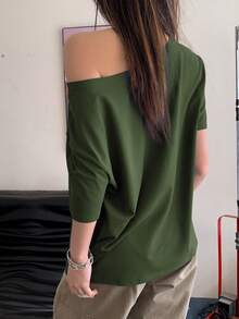 INAWLY 女士字母印花不对称领短袖宽松休闲T恤图案上衣 - 軍綠色 - 查看 2