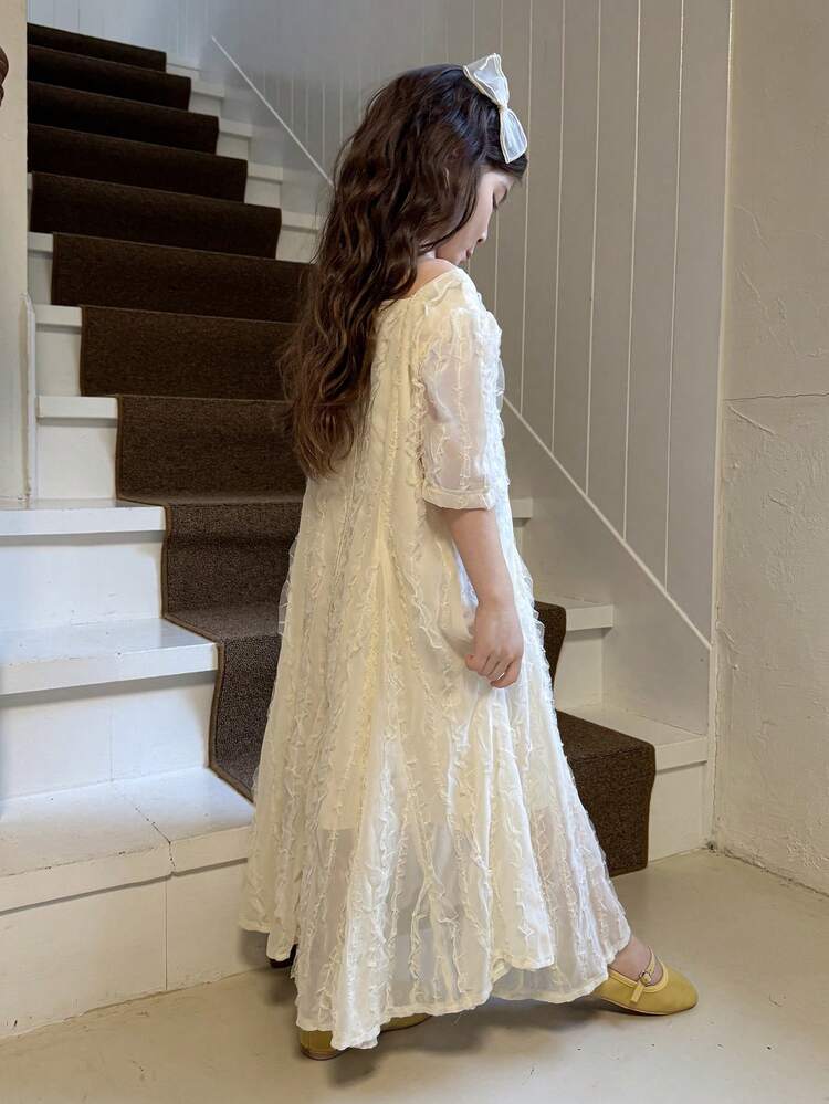 Young Girl Solid Color Square Neck Short Puff Sleeve Layered Frill Trim Loose Dress