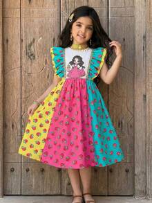 SHEIN Tween Girl Pink Floral Summer Boho Birthday Vacation Color Block Patchwork Square Collar Long Sleeve Dress Arabic Jalabiya Abaya Dress For Girls - Multicolor - View 3