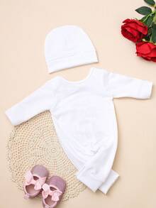 SHEIN 2Pcs Set Newborn Boy Photography Outfits Little Brother Embroidery Baby Coming Home Outfit Baby Shower Gift 1 Month 3 Month Infant Photo Props