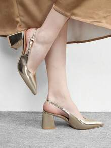 CUCCOO BIZCHIC 女士时尚酒红色粗跟中跟鞋，经典简约设计，适合通勤、约会、派对、度假、圣诞节婚礼等场合。 - 淺金 - 查看 3