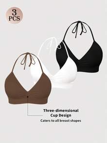 3件装女士无缝挂脖系带文胸，模压罩杯，舒适纯色简约日常文胸，可外穿 - 彩色 - 查看 5