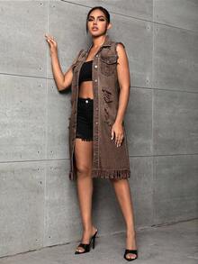 Selenza Women's Single-Breasted Distressed Frayed Hem Casual Sleeveless Denim Jacket - Coffee Brown - View 8