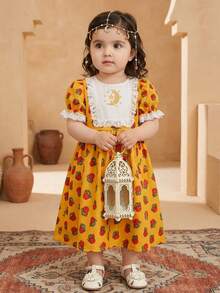 SHEIN Middle Eastern Style Puff Sleeve A-Line Burgundy Rose Star & Moon Print Lace Trim Dress - Yellow - View 1
