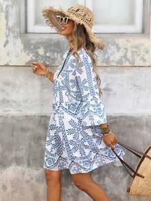 Brillora 女士V领荷叶边A字印花度假连衣裙 - 藍白色 - 查看 6