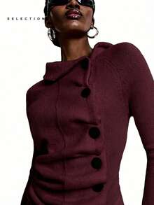 LYSMO 新款简约风女士春季休闲套头毛衣，春夏纽扣针织毛衣，酒红色女士上衣，女士春季上衣，女士毛衣，春季 - 酒紅色 - 查看 8