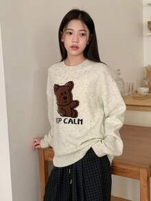 DAZY 少女熊与字母图案圆领长袖套头毛衣 - 淺灰色 - 查看 4