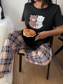 Dream Adore 加大码两件套可爱小熊格子印花睡衣套装