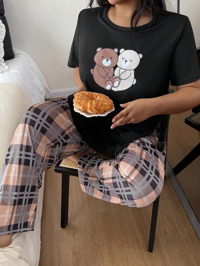 Dream Adore 加大码两件套可爱小熊格子印花睡衣套装