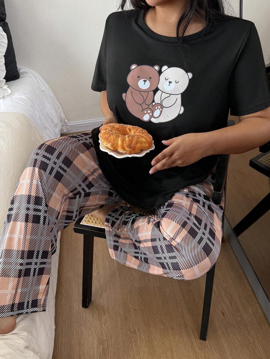 Dream Adore 加大码两件套可爱小熊格子印花睡衣套装