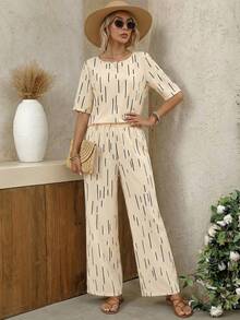 SHEIN PETITE Women's Elegant Casual Loose Top And Pants 2 Pieces Set, Spring/Summer - Multicolor - View 1