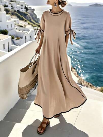 SHEIN Holidaya Women's New Round Neck Color Block Trim Mid-Sleeve Drawstring Tie Waist Loose Swing Dress, Suitable For Vacation And Travel Beige Dress Women Tan Dress Women Summer Dress Loose Dress Casual Dress