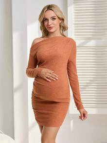 SHEIN Maternity Casual High Elasticity Comfortable Oblique Shoulder Long Sleeve Ruched Fitted Dress - Brown - View 3
