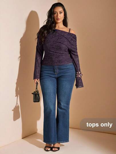 SHEIN BAE Plus Size Purple Lace Sexy Drop-Shoulder Loose T-Shirt,Elegant Top For Women,Graduation Top For Women,Party Top For Women,New Year Top, Christmas Top, Thanksgiving For Women,Winter For Women,Red Top,Birthday Top Plus Size,Plus-Size Irregular Off-Shoulder Purple Lace Top