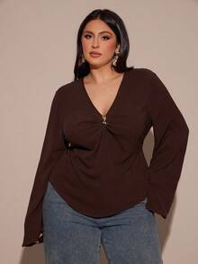 SHEIN BAE Plus Size Women V-Neck Ruched Long Sleeve Top, Autumn/Winter, Christmas For Women ,New Year's For Women, Elegant Top For Party, Beach, Casual, New Years Eve Top, Formal Gowns For Women Evening Elegant, Wedding Top, Birthday Party, Music Festival - Brown - View 1