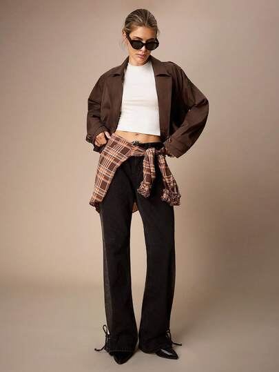 Maija Casual Brown Lightweight Geometric Pattern Short Jacket For Women With Extra-Long Sleeves And Zipper