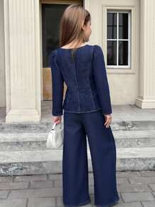 Serisse Kids Tween Girl Casual Everyday Commute Square Neck Button-Up Fitted Denim Top And Wide-Leg Denim Pants Set, Spring/Autumn