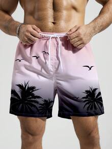 Manfinity Swimmode Men's Ombre Drawstring Waist Casual Beach Shorts - Pink - View 6