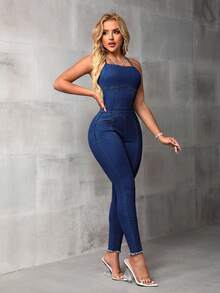 SHEIN SXY Slim-Fit Spaghetti Strap Criss-Cross Back Casual Denim Jumpsuit - Dark Wash - View 6