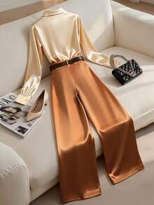 Franclia 女士优雅休闲长袖衬衫和裤子两件套 - 杏色 - 查看 2