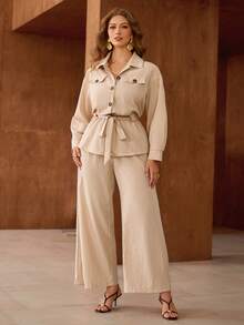 Roveilla Plus Size Woven Shirt Collar Open Front Cinched Waist Casual Long Sleeve Pants Two Pieces Set - Khaki - View 5