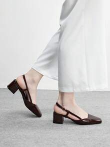 CUCCOO BIZCHIC Classic Black Textured Square Toe Chunky Heel Slingback Pumps, Versatile Commuting Work Shoes For Women Valentine's Day Spring Shoes - Coffee Brown - View 7