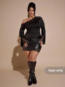 SHEIN BAE 大码女式黑色长袖不对称肩部撞色蕾丝上衣，适合冬季、夏季、秋冬季穿着，也可作为万圣节、圣诞节、新年、感恩节的服装。 - 黑色 - 查看 6