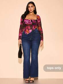 SHEIN BAE 大码女式紫色花卉印花黑色底方领透视网纱长袖露背上衣，适合休闲、外出、约会、下午茶、度假、春夏、返校季、毕业季等场合。 - 紫色 - 查看 3