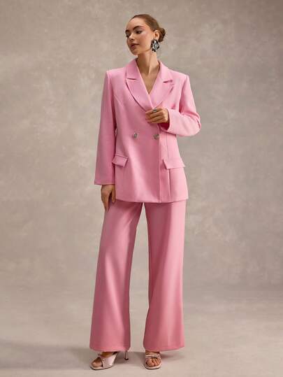 CLARA VERO Rosa set med överdimensionerad dubbelknäppt kavaj och vida byxor: Lös passform och iögonfallande maxibyxor, perfekt för modeevenemang eller djärv gatustil, tillverkad i icke-elastisk dubbelskiktad polyester med sprund baktill och elegant knäppning