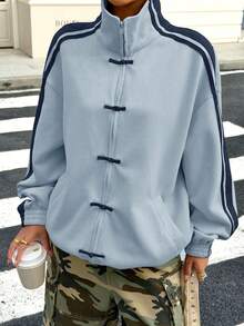 Muchica Chaqueta ligera de mujer con botones y rayas azules de estilo casual - Azul - Ver 3