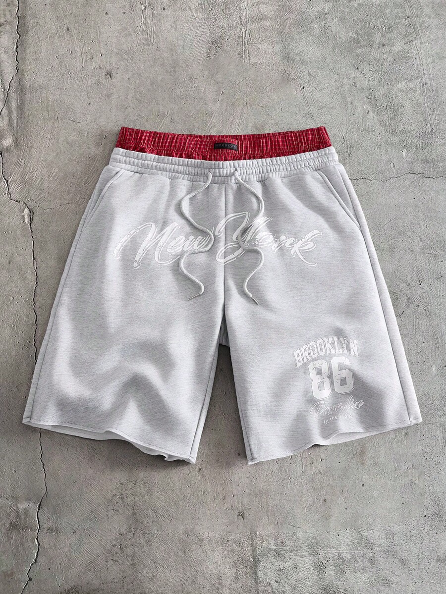 AXEPEAK 男士双层腰带抽绳字母印花休闲短裤 - 淺灰色 - 查看 1