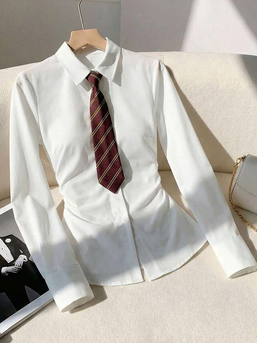 SHEIN Teen Girl Regular Shoulder Long Sleeve Front Button Casual Minimalist Shirt