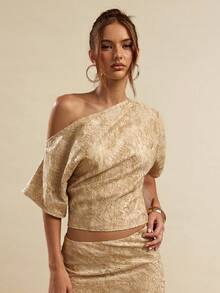 SHEIN BAE 不对称肩部金色蕾丝纹理衬衫，金色蕾丝女士衬衫，夏季斜肩上衣，适合夜店派对、外出、秋季女装、复古奢华风、工作/办公室、商务休闲女装、女士办公室 - 金色 - 查看 6