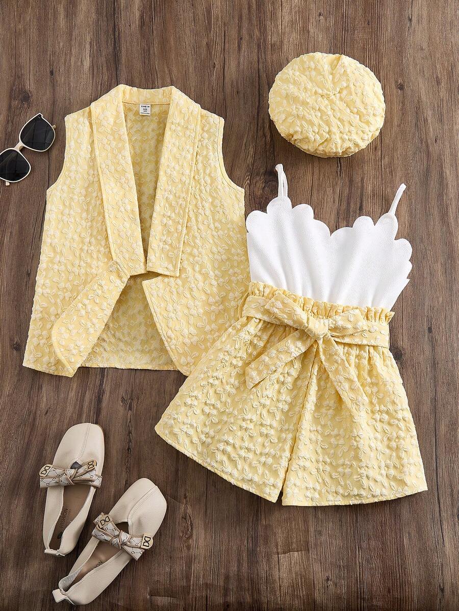 SHEIN Bộ đồ liền thân 2 mảnh cho bé gái tuổi teen, gồm áo khoác cardigan và áo hai dây dệt kim, kèm mũ, thích hợp cho mùa tựu trường. - Màu vàng - Xem 1