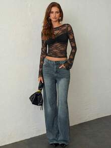 Aloruh 女士性感纯色酒红色蕾丝透视长袖上衣，秋冬款 - 黑色 - 查看 7