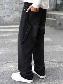 Manfinity Hypemode 男士户外休闲拼接黑色水洗宽松直筒牛仔裤 - 黑色 - 查看 5