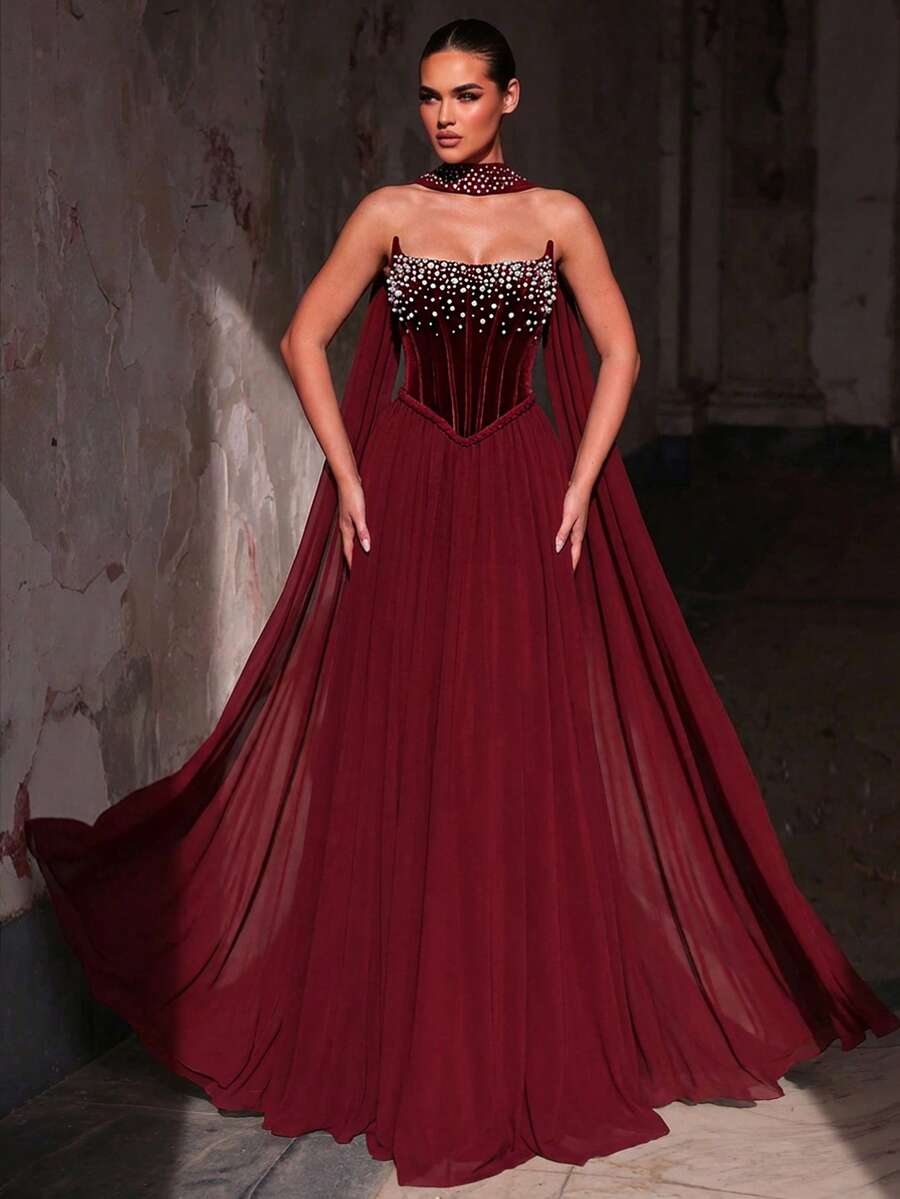 Glamrae 优雅天鹅绒雪纺拼接串珠抹胸式A字长裙（可拆卸吊带），适合约会、婚礼、活动、单身派对、正式场合。 - 酒紅色 - 查看 1