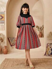 SHEIN Vestido para rapariga tween estilo boémio com gola alta, mangas pétala e riscas - Preto - Ver 4
