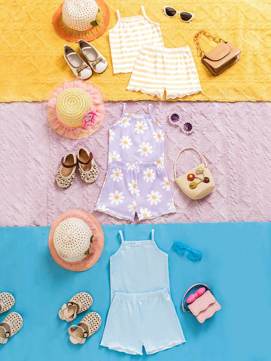 SHEIN 女婴舒适百搭甜美可爱吊带短裤套装,多件套夏季服装 - 彩色 - 查看 1